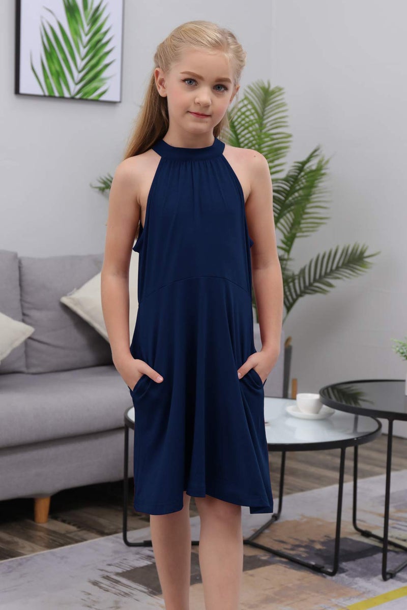 GORLYA Girl's Halter Neck Cold Shoulder Sleeveless Summer Casual Sundress A-line Dress with Pockets (GOR1013, 14Y, Navy) - Image 4